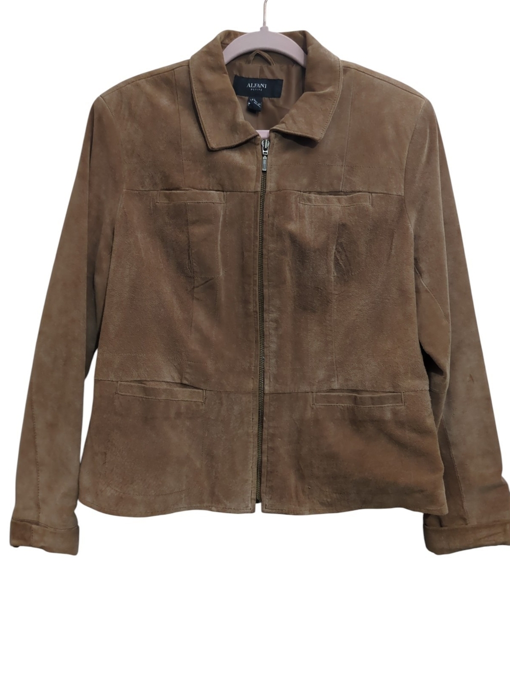 ALFANI PETITE Large Genuine Suede Utility Jacket Camel Brown Coastal Cowgirl